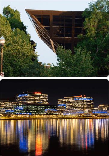 Top: Tempe City Hall. Bottom: Tempe Town Lake's south shore at nighttime reflected on the water.