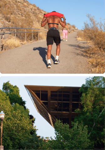 Top: People hiking on a trail. Bottom: Tempe City Hall.