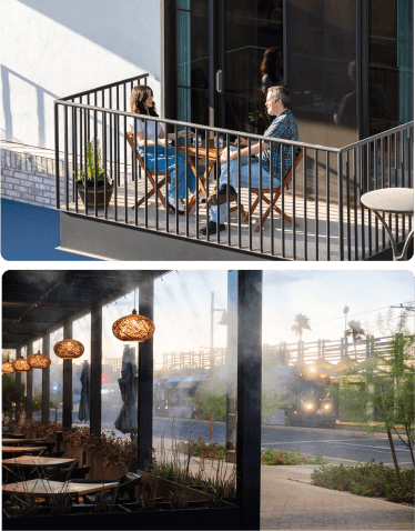 Top: Two people relaxing on an apartment balcony. Bottom: View from Cocina Chiwas of the light rail passing by.