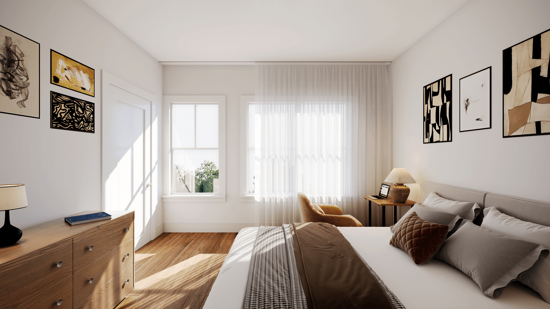 3D rendering of bedroom interior of 3-bedroom apartment. Made bed, desk in corner with lamp and open laptop, demure dresser with book and small lamp