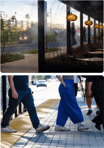 Top: View from Cocina Chiwas of the light rail passing by. Bottom: Walking on the light rail platform.