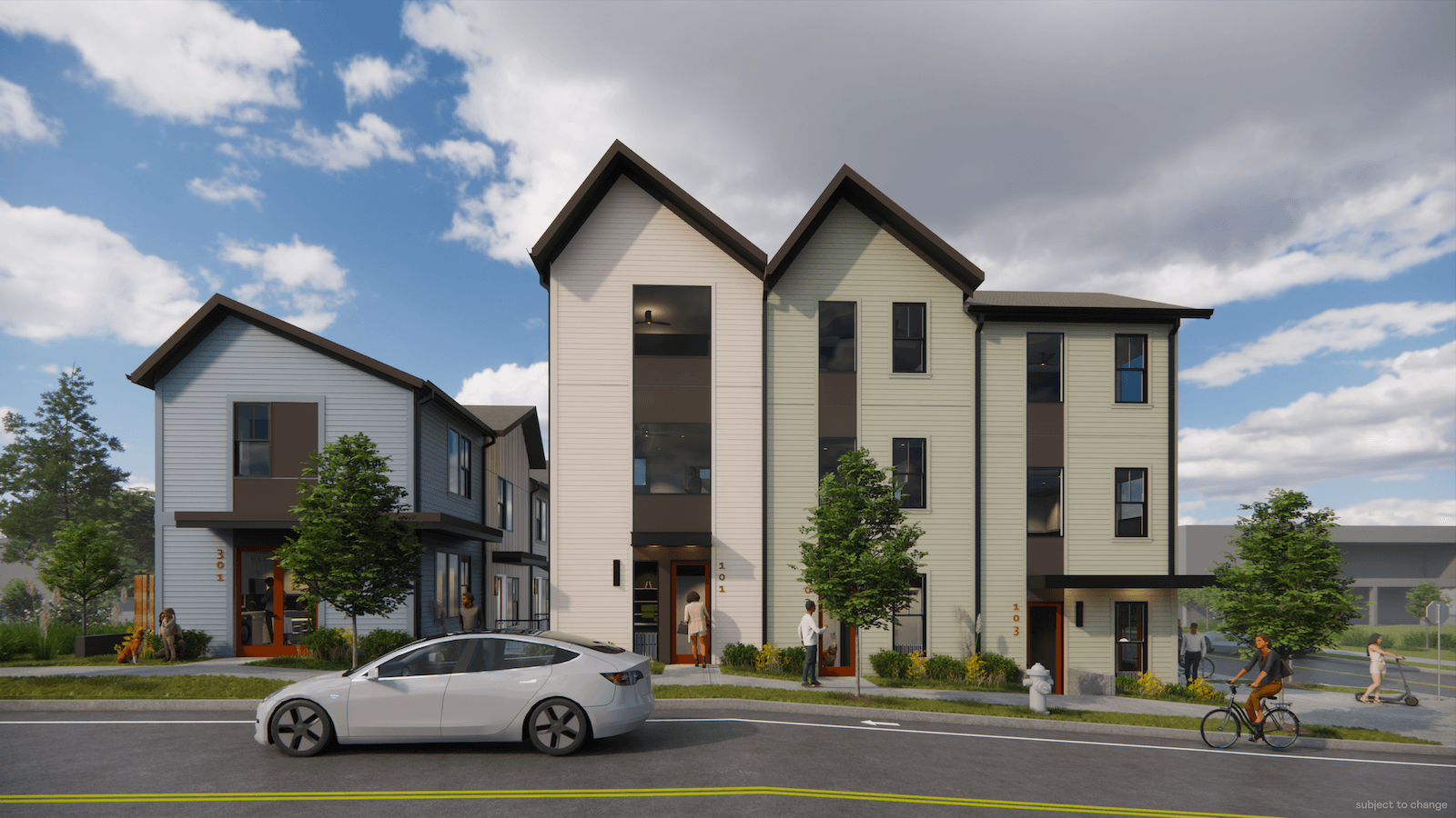 3D rendering of Allene property, entrance to property cars and bicyclist on street in front