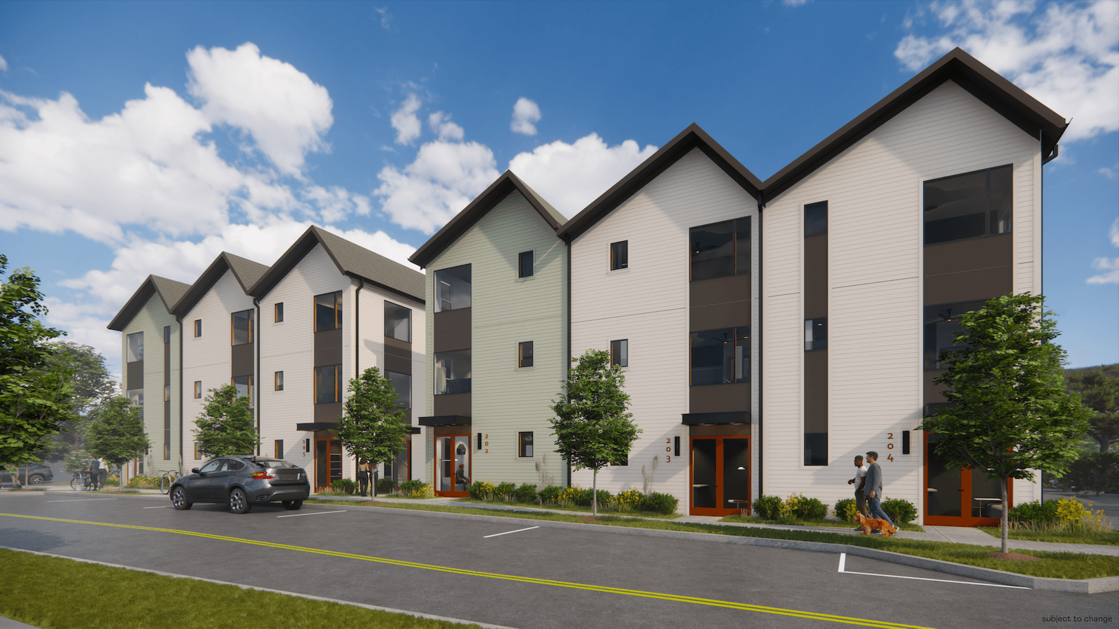 3D rendering of Allene property, six three story buildings with a street in front of it