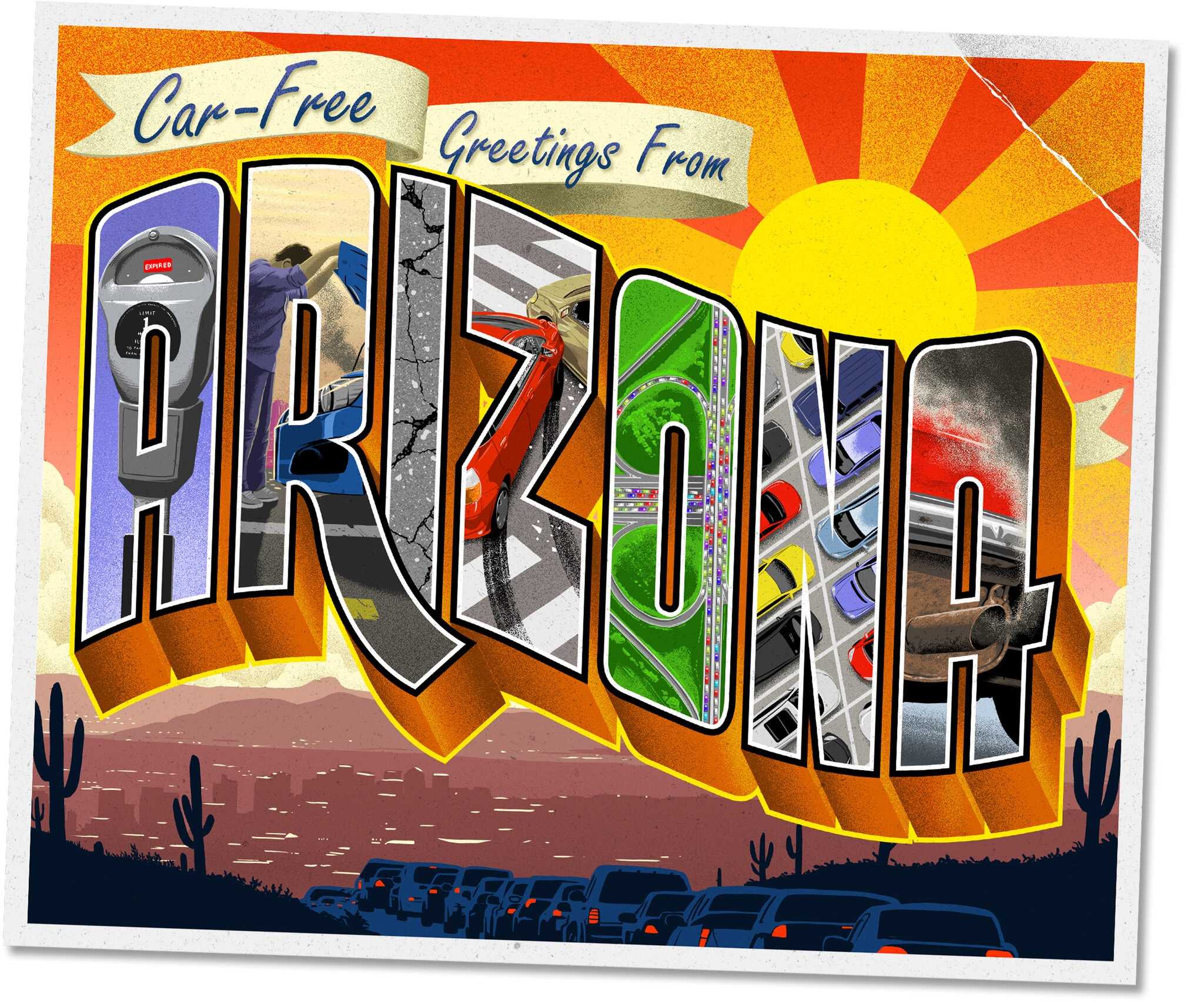 Old-school style postcard illustration saying 'Car-Free Greetings from Arizona'