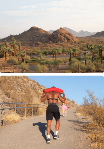 Top: Papago Park. Bottom: People hiking on a trail.