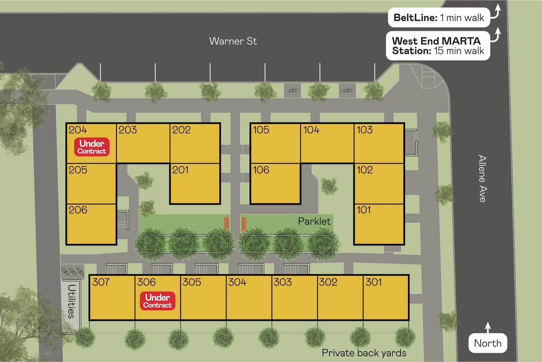 Site plan of townhomes at 1121 Allene