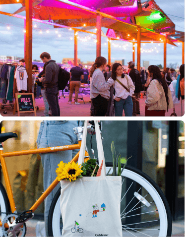 Top: Pickers Playground vintage clothing market at Little Cholla market. Bottom: Walking a bike with flowers and produce hanging in a bag.