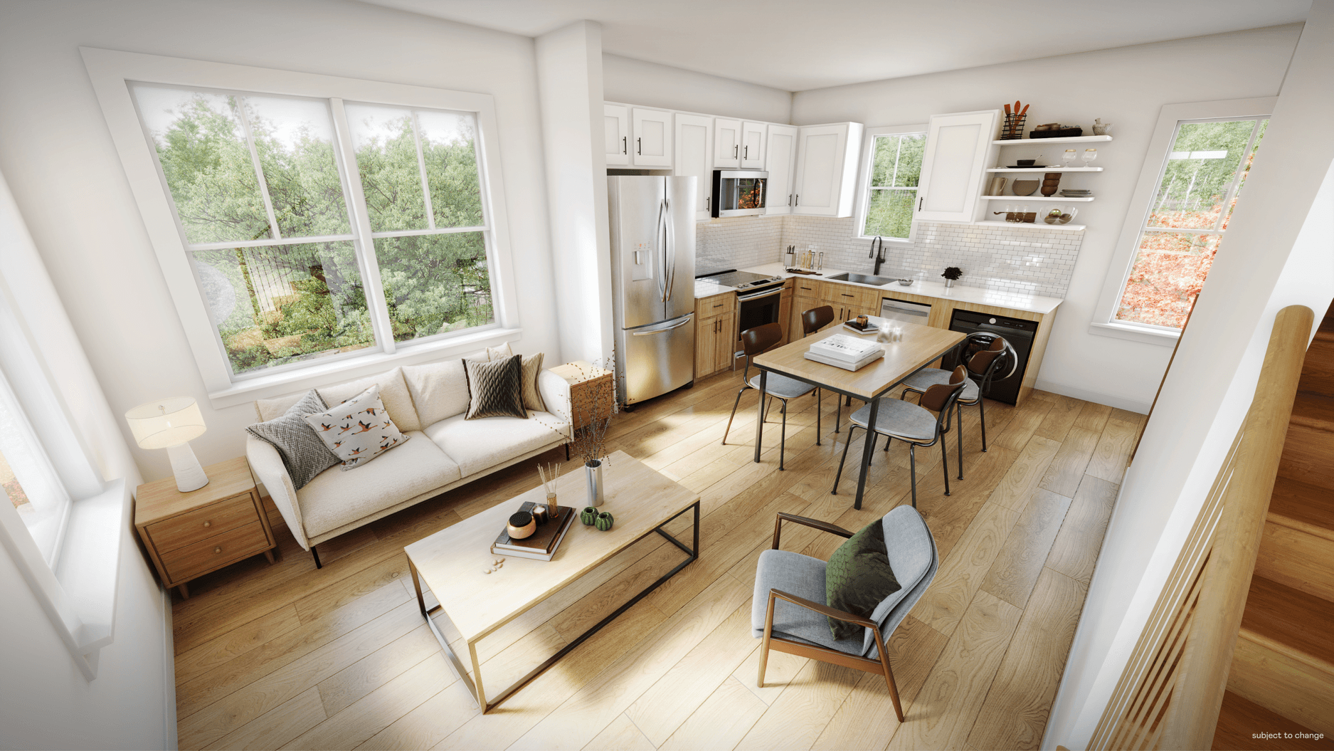3D rendering of living room interior of 3-bedroom apartment, combined kitchen + living room with view of lush green plants through the windows
